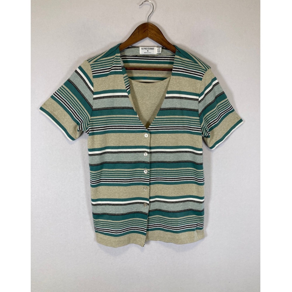 Vintage Alfred Dunner Women Small Green Striped Faux Layer Button Front Knit Top